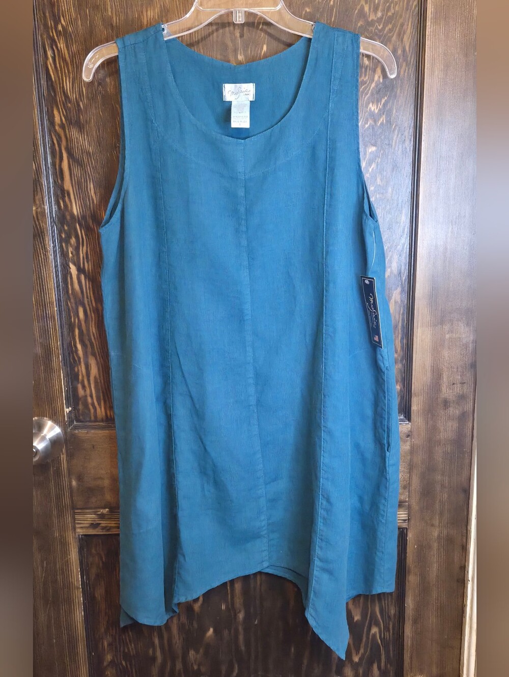 NWT Mosiac USA Sleeveless Asymmetrical Teal 100% Linen Dress w/ Pockets